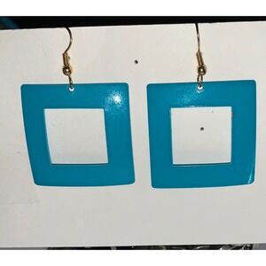 Turquoise Blue Enamel Square Drop Earrings Gold Tone Geometric Dangle Jewelry